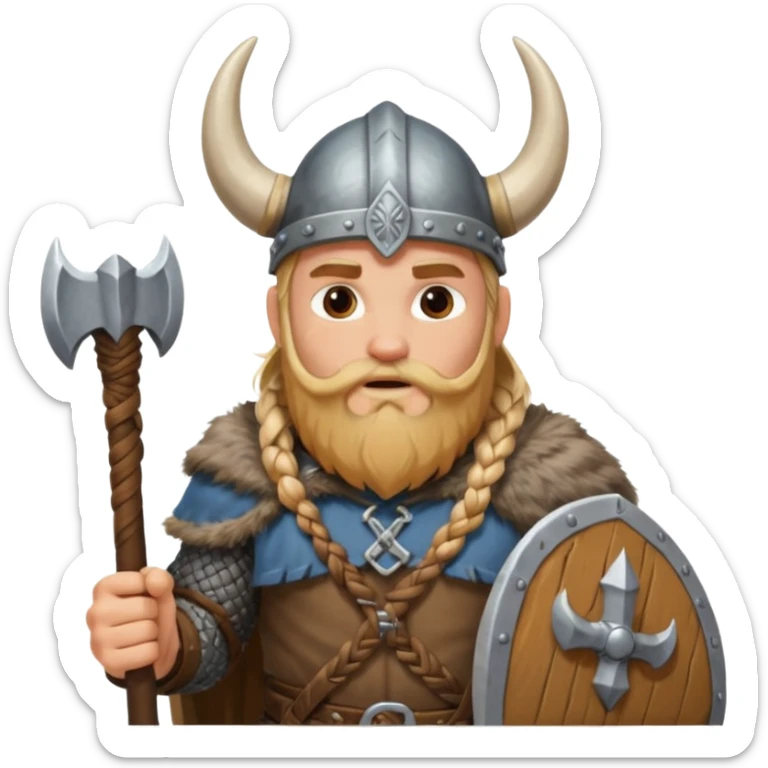 A tall Viking with braided blond beard, fur cloak, and heavy axe resting on his shoulder with horned helmet sticker