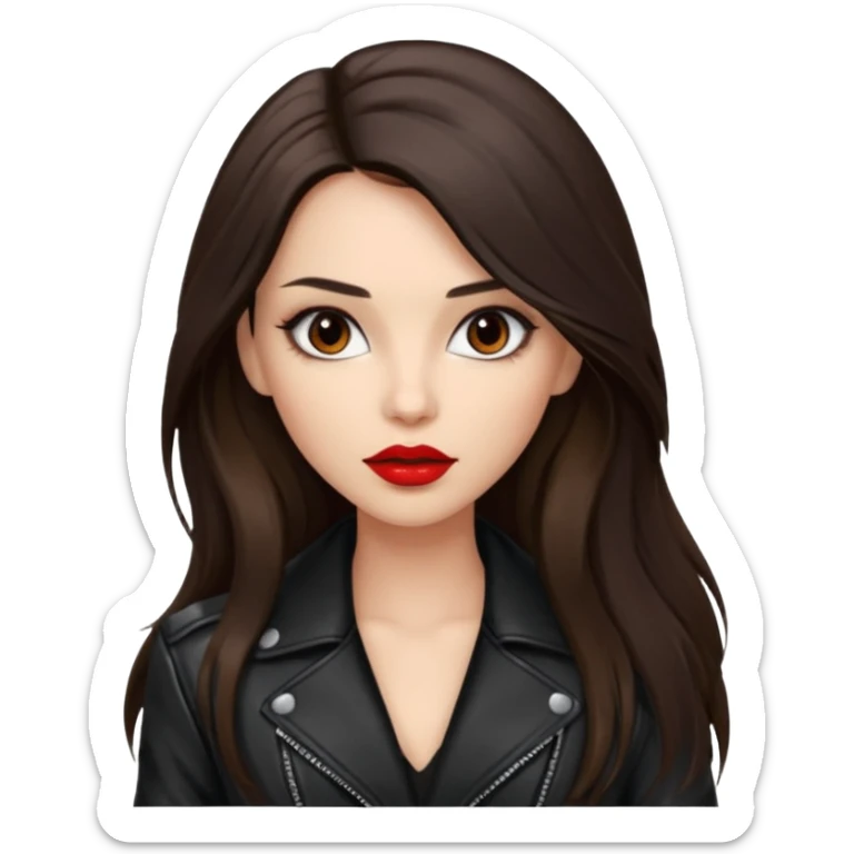 brunette with very long hair in black cuir jacket with red lips and very dark brown eyes sticker