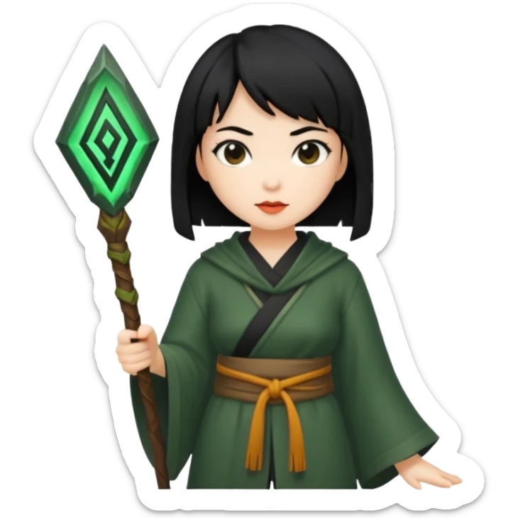 east asian forest mage woman short black hair rune sticker