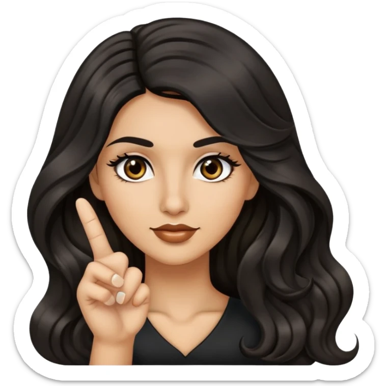 woman with olive skin, brown eyes and long lashes, and long black wavy hair giving the finger  sticker