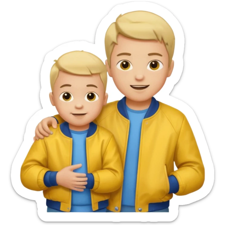 boy with baby hair cut shrugging his shoulder, wearing yellow jacket and smile sticker