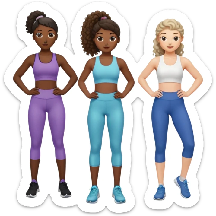 three women friends exercising together, one black woman with curly brown hair, one pale white woman with curly brown hair, and one white woman with straight brown hair in a ponytail positioned on the right sticker