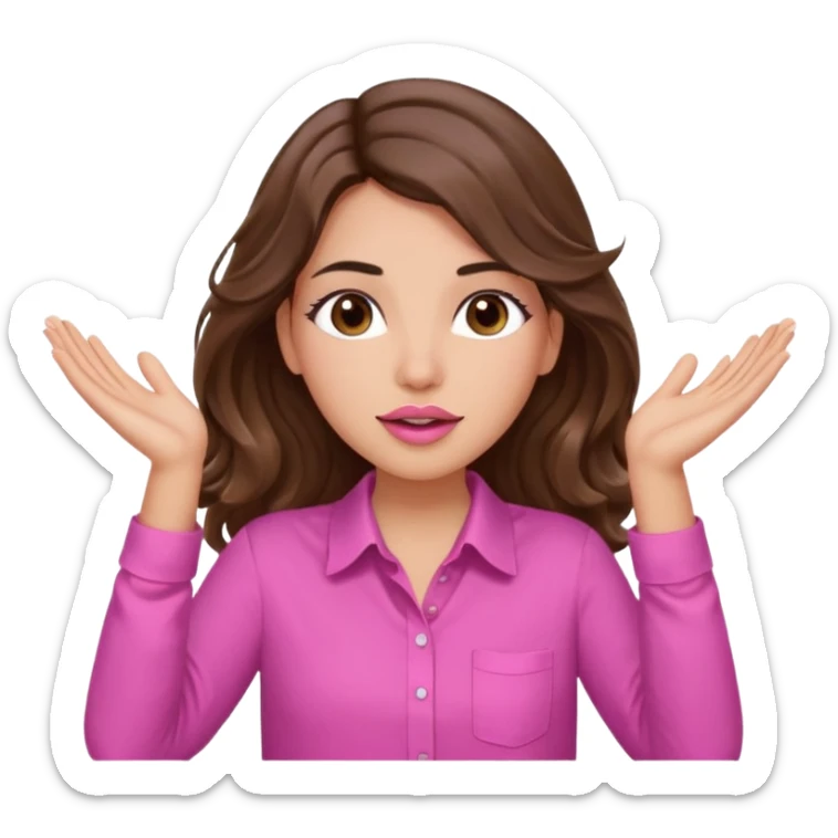 girl with long wavy brown hair, brown eyes, light to medium complexion, in a pink shirt, pink lips, long lashes, puckered lips, both hands all the way up with hands up to the sky sticker