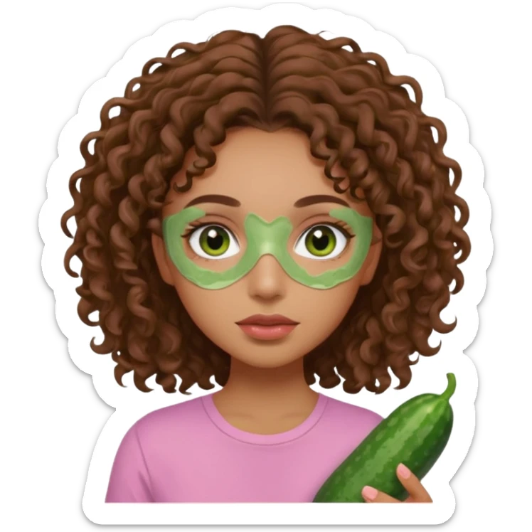 lightskin girl having a spa day with green skincare clay mask and ,cucumbers on her eyeballs  and brown curly hair and a pink shirt not holding it in her hand sticker