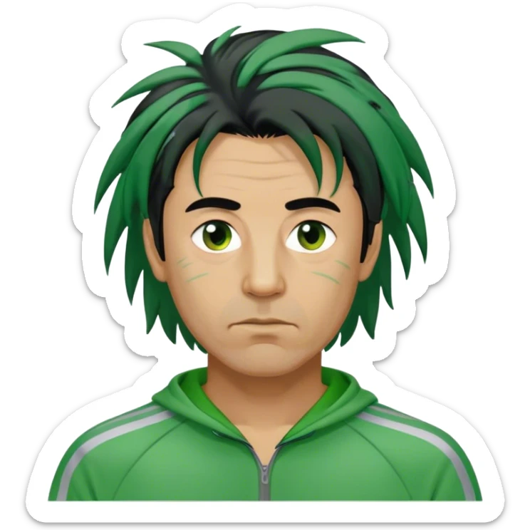 Park is a middle-aged man, around 35 years old, green tracksuit,  His black hair, streaked with strands of gray, is unkempt and damp with sweat. sticker