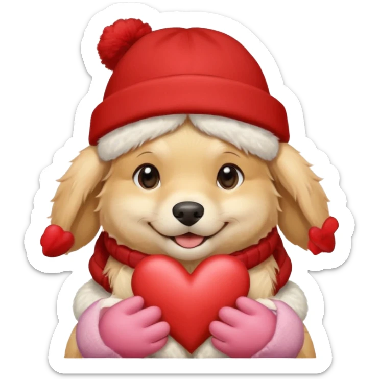 English cream golden retriever cartoon cuddling with winter hats and heart in between them sticker