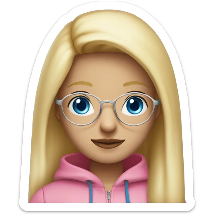 girl with straight, long blonde hair, with blue eyes, with silver round glasses, dressed in pink hoodie sticker