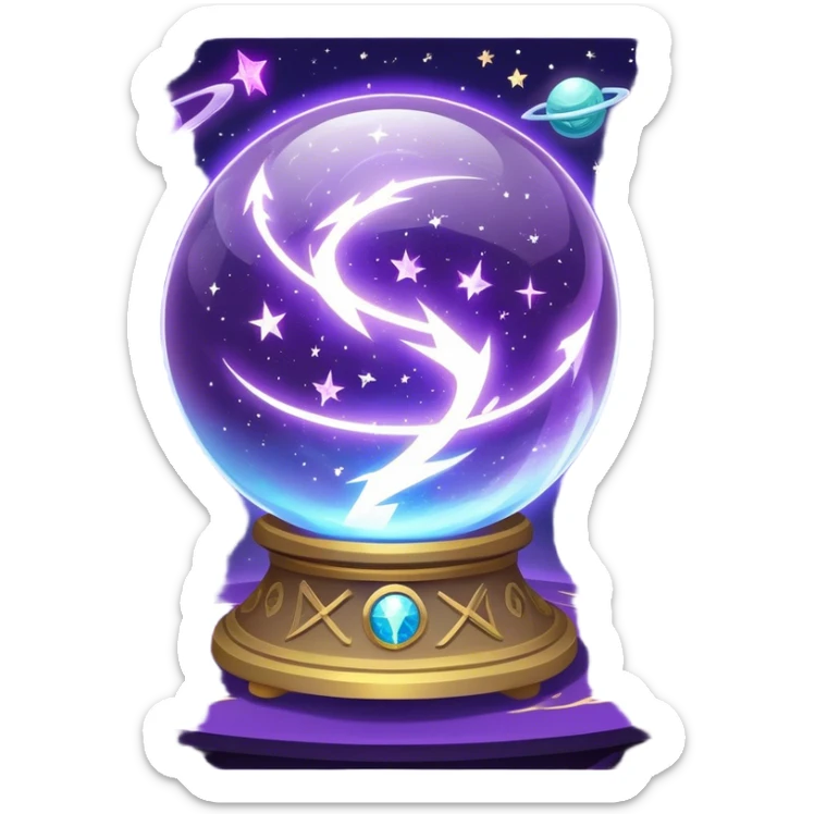 A mystical, glowing crystal ball with swirling sparkles and lightning bolts inside, surrounded by zodiac signs and planets floating in space, with tarot cards spread out on the table around the ball. Use bright purples, blues, and golds to create a magical, mysterious vibe. transparent background.  sticker
