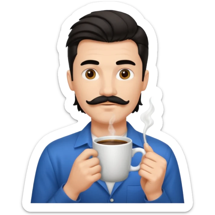 generate an ios genmoji of a fair young guy with black mustache, mullet hairstyle, drinking coffee sticker