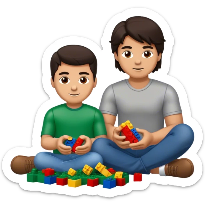 Handsome young man with dark hair built a little heavy like a football player sits with his young fiancé was cascading dark brown hair, putting together Legos sticker
