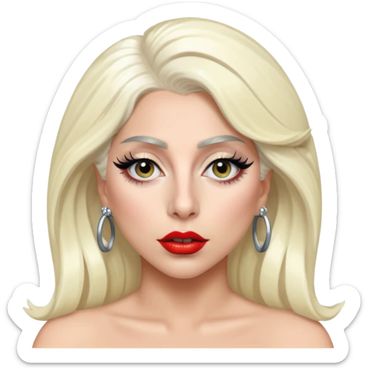 Lady Gaga in her iconic look from the Telephone music video, bold makeup, platinum blonde hair, unique fashion, pop star style sticker