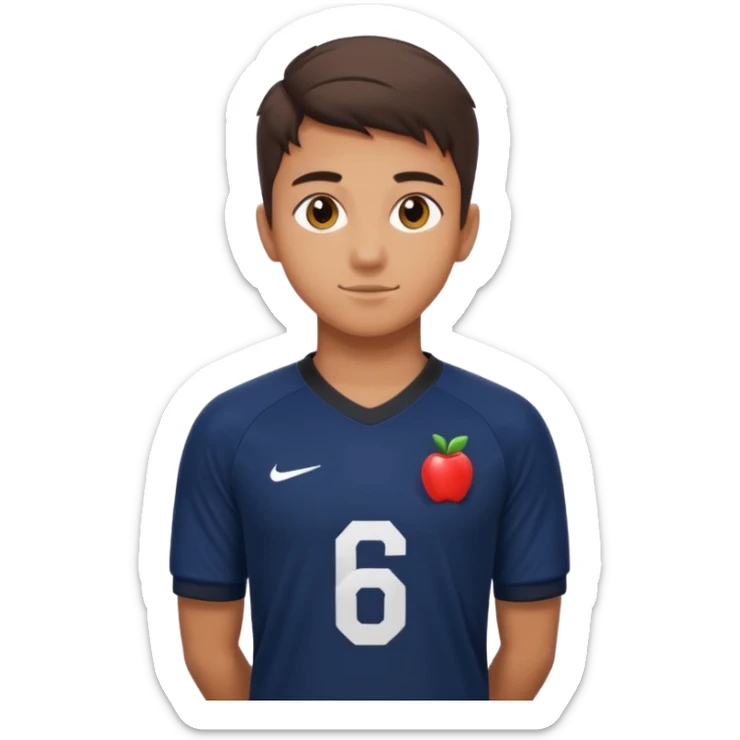 Apple emoji style 21 year old soccer player standing hands on waist, dark navy jersey #6, realistic lighting sticker
