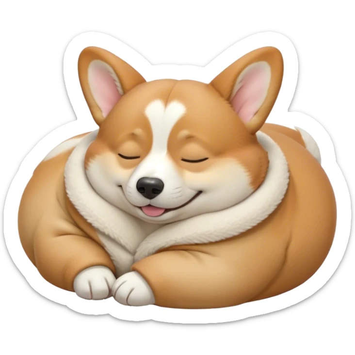 Cinematic Meme-Worthy Chubby Sleeping Corgi Portrait Emoji, Head resting peacefully with a contented smile, showcasing a delightfully chubby build, a luxuriously soft fawn coat with crisp white accents, and those iconic stubby legs, eyes shut in a serene nap, Simplified yet hilariously adorable features, highly detailed, glowing with a soft, drowsy light, high shine, relaxed and utterly lovable, stylized with an air of playful laziness, bright and heartwarming, soft glowing outline, capturing the essence of a comically sleepy Corgi, so meme-worthy it feels like it could instantly become the next viral sensation of adorable slumber! sticker