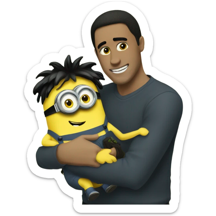 white male, brown eyes, black hair hugging and holding a minion with green eyes sticker