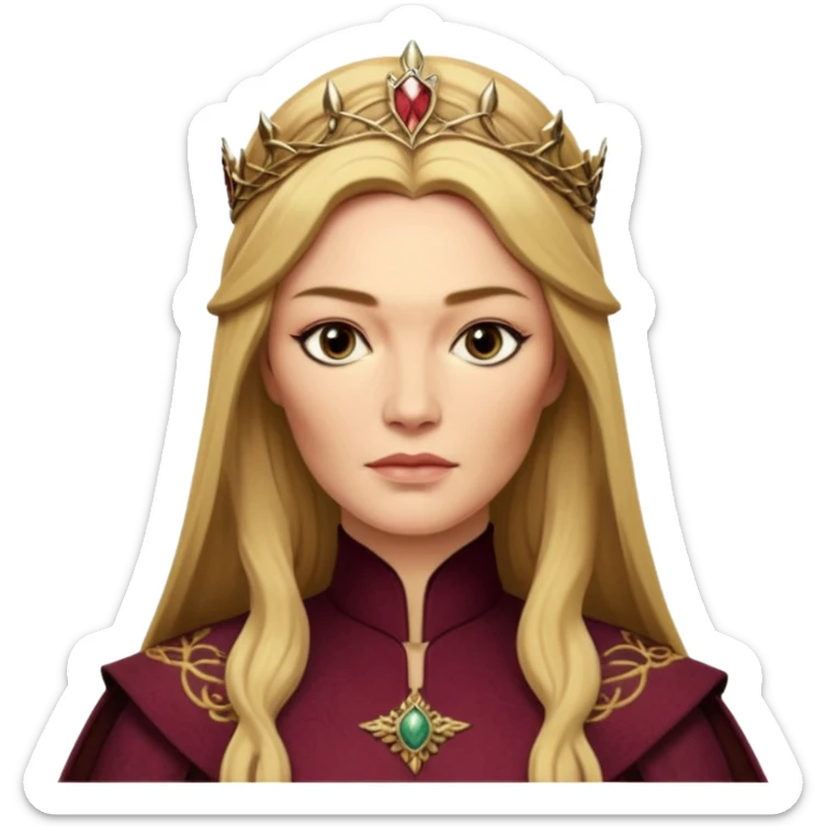 Cinematic Realistic Cersei Lannister Portrait, depicted with lifelike skin texture, subtle rosy undertones, and soft natural lighting that enhances the gentle contours of her face. Her intricately detailed golden blonde hair is elegantly styled , sticker