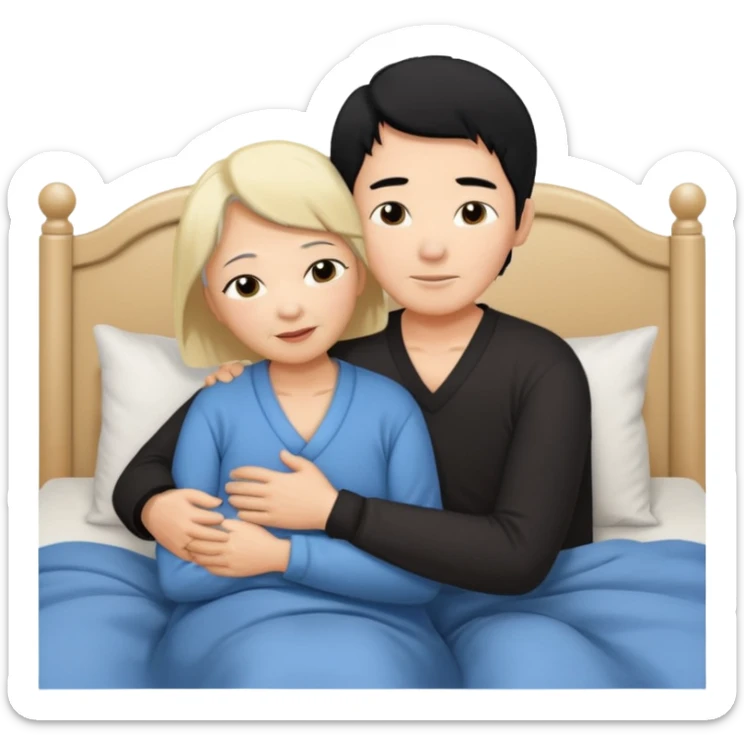 Sexy large breasted elderly asian woman in a low cut top and with black hair hugs her blonde haired boy in bed sticker