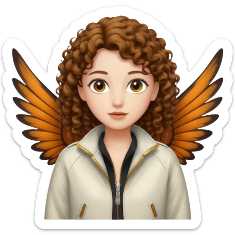 nude woman short curly brown mullet brown eyes white skin beetle wing jacket open front sticker