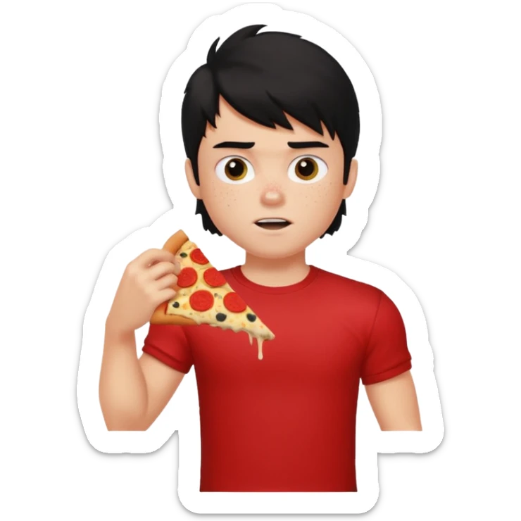 generate a pretty fair bratz boy with a messy mullet (black hair), wearing a red tshirt. eating pizza. He has big biceps sticker