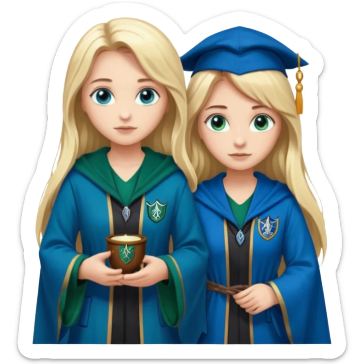 hot Slytherin girl with long blonde hair, blue eyes and big boobs standing with a pretty ravenclaw girl with long brown hair and blue eyes sticker