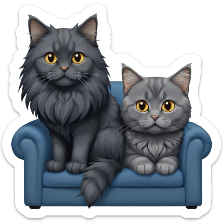 Portrait of a black smoke Maine Coon cat with long grey ear tufts, alongside a British Shorthair cat with a solid blue coat on sofa. Both cats with detailed fur textures and playful expressions. Soft, elegant background of room with warm, natural tones. Transparent background. sticker