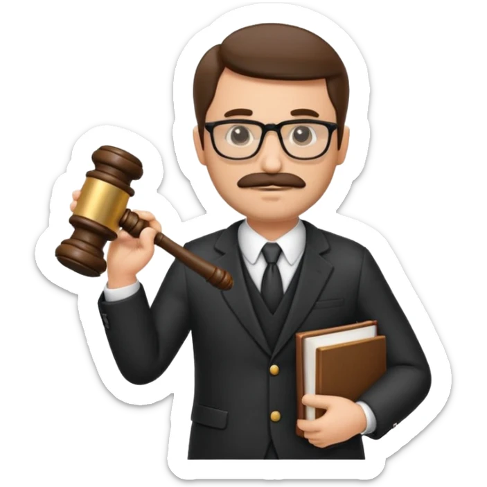 “Create a clean, modern emoji-style illustration of a male lawyer. He is wearing a formal suit jacket. He is holding a judge’s gavel in one hand and has a law book tucked under his arm. He has a mustache and a short beard, and he is wearing glasses. sticker