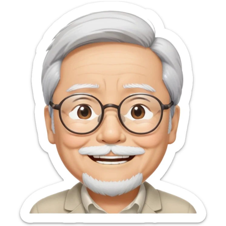 _cinematic-realistic-portrait-of-hayao-miyazaki,-depicted-with--large-rectangular-glasses,-his-happy-expression-rendered-in-lifelike-detail,-illuminated-with-soft,-realistic-lighting-that-emphasizes-his-creative-genius, his eyes shut  closed because of his large smile. eyes are shut sticker