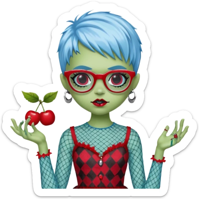 Ghoulia yelps monster high doll in scene/emo style cherry print dress with fishnet sleeves, clothes, thin, small, red, rectangle glasses, pale white-blue skin, pale-green shaggy pixie-cut , zombie scars , boy sticker