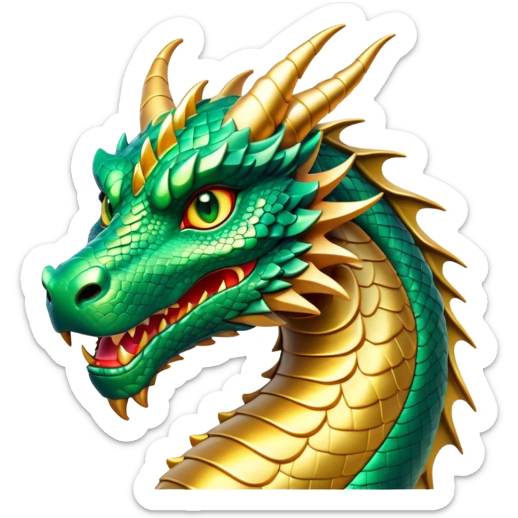 cinematic-noble-dragon-portrait-emoji,-poised-and-majestic,-with-a-sinuous,-elongated-build-and-shimmering,-scale-covered-skin-in-hues-of-emerald-and-gold,-piercing,-fiery-eyes,-simplified-yet-sharp-and-sophisticated-features,-highly-detailed sticker