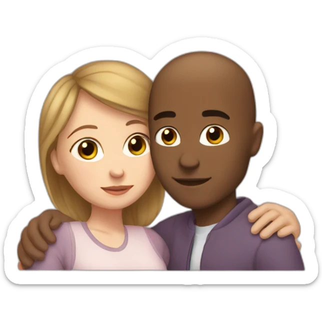 A mixed race man with very little hair kissing a white woman with brown hair, Who embrace each other tenderly sticker