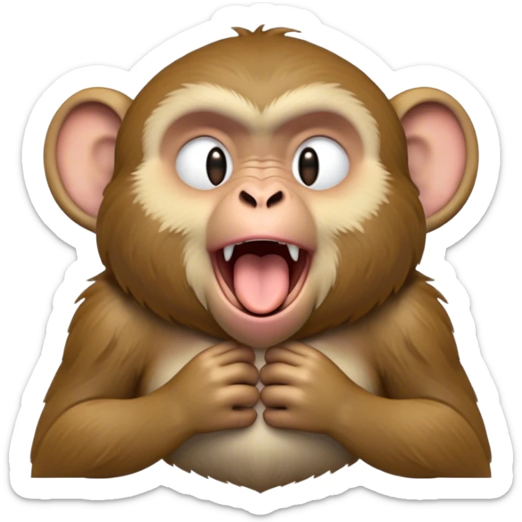 Cinematic Cute Yawning Macaque Portrait Emoji, Head tilted slightly with a dramatic, wide-open yawn, showcasing a gently textured face with half-closed, sleepy eyes and an open, relaxed mouth, Simplified yet irresistibly adorable features, highly detailed, glowing with a soft, cozy glow, high shine, relaxed yet expressive, stylized with a dash of whimsical charm, soft glowing outline, capturing the essence of a drowsy yet affectionate primate that appears ready to stretch out for a nap! sticker