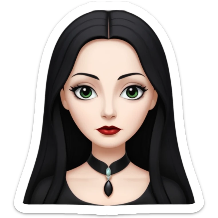 Create a realistic portrait of Morticia Addams with long black hair, elegant black dress & sharp gaze. sticker