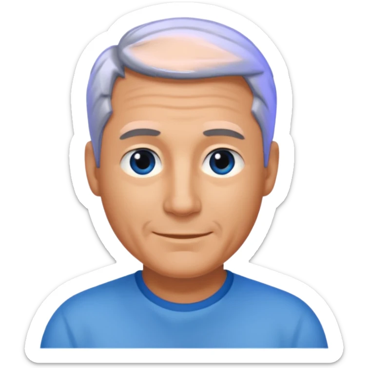 Middle aged man with tanned skin, receding black to grey hair and no beard, blue eyes, shy smile sticker