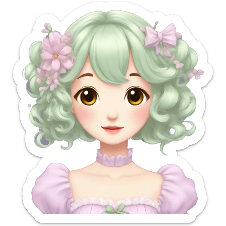 Cute kawaii gorgeous pretty anime cartoon pastel lady beautiful hair with gorgeous dress fairycore cottagecore detailed high quality trending aesthetic sticker