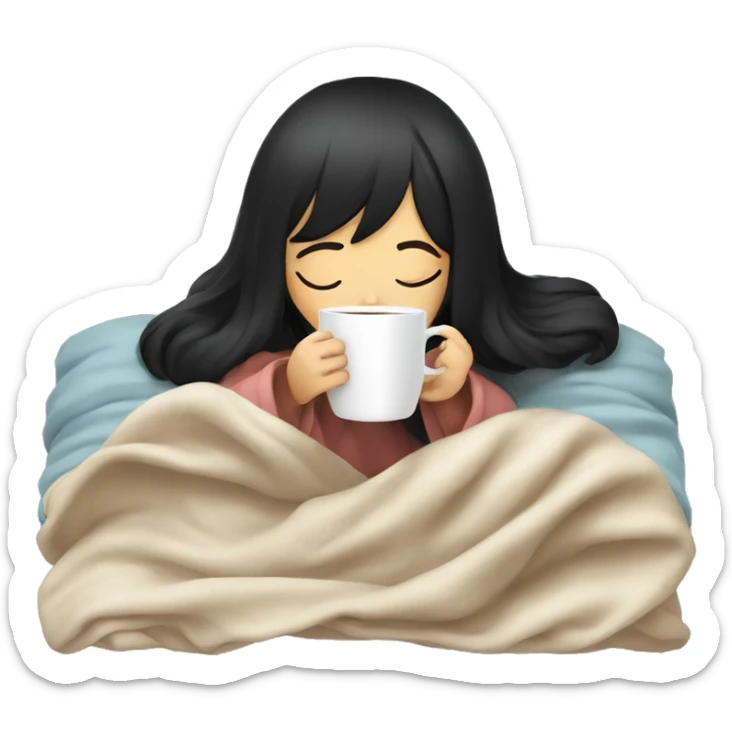 Asian girl inside a blanket sipping coffee eyes closed black hair sticker