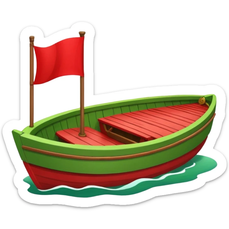 green boat in cartoon having a small place to live and a small red flag on it sticker