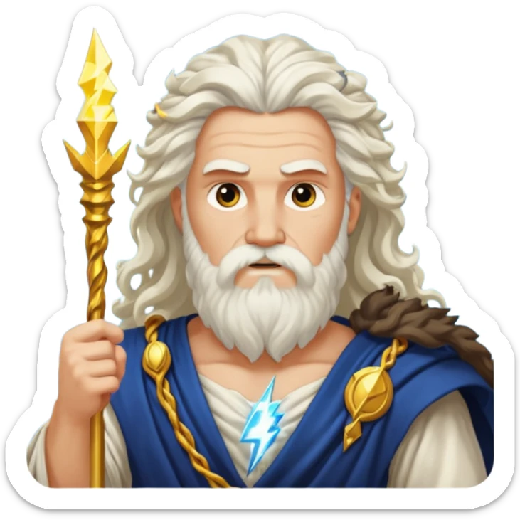 Zeus, the Greek god, with his beard, long curly hair, and regal attire, holding a lightning bolt sticker