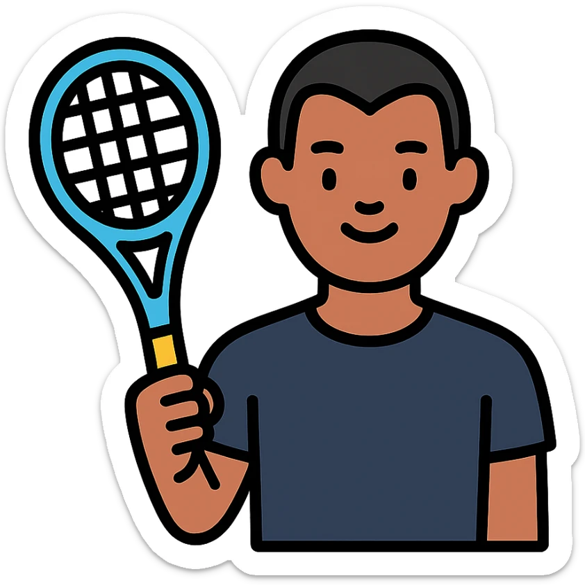 light brown skinned male tennis coach, short straight black hair with widow's peak, oval face, small eyes, smiling, holding blue Yonex tennis racket, wearing dark navy blue dry fit shirt sticker