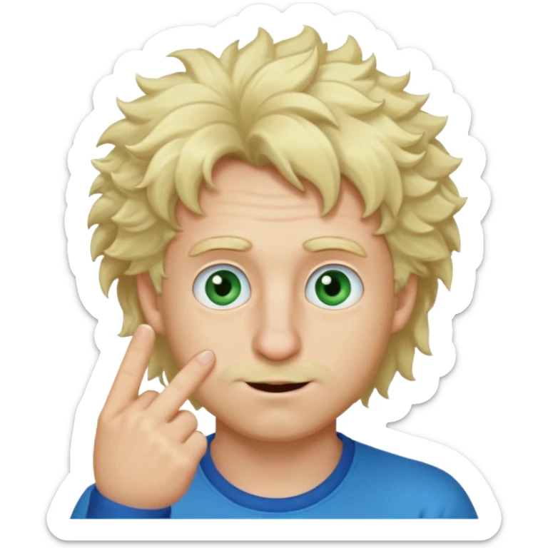 a emoji with two fingers in his nose, make him have a natural white skincolour and blonde hair, blue/green eyes, put the fingers in his nose, its a man and he needs two fingers IN his nose, make him have fluffy blonde hair, and its still not in his nose sticker