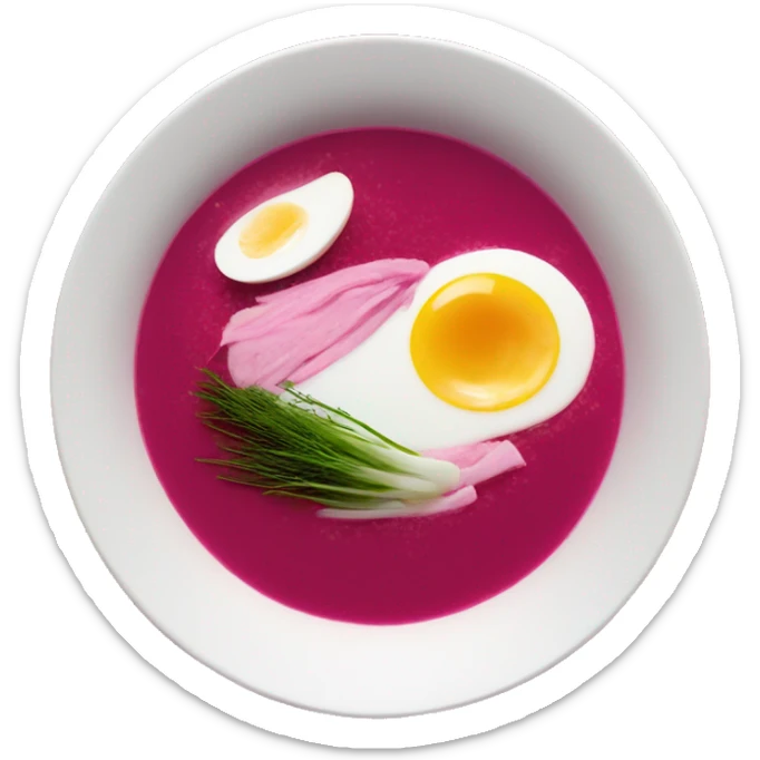White bowl of Pink soup no face, put a hard boiled egg on top of the soup as decoration that’s cut in half, some dill, beetroot shreds  sticker