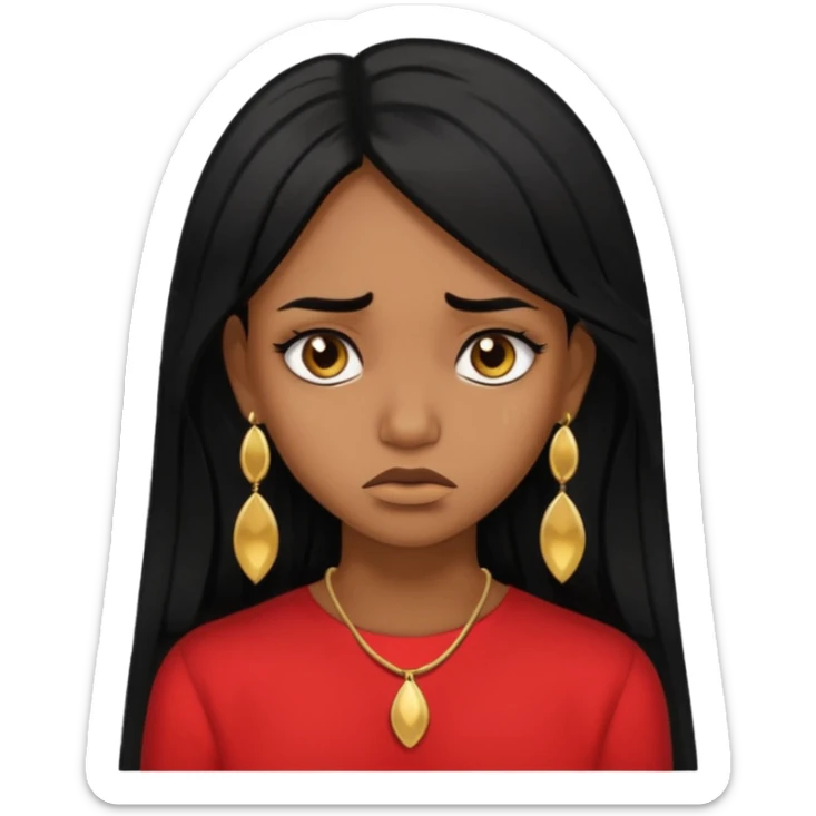 medium brown skin tone girl who has long layered black hair with gold stud earrings  who is sad  sticker