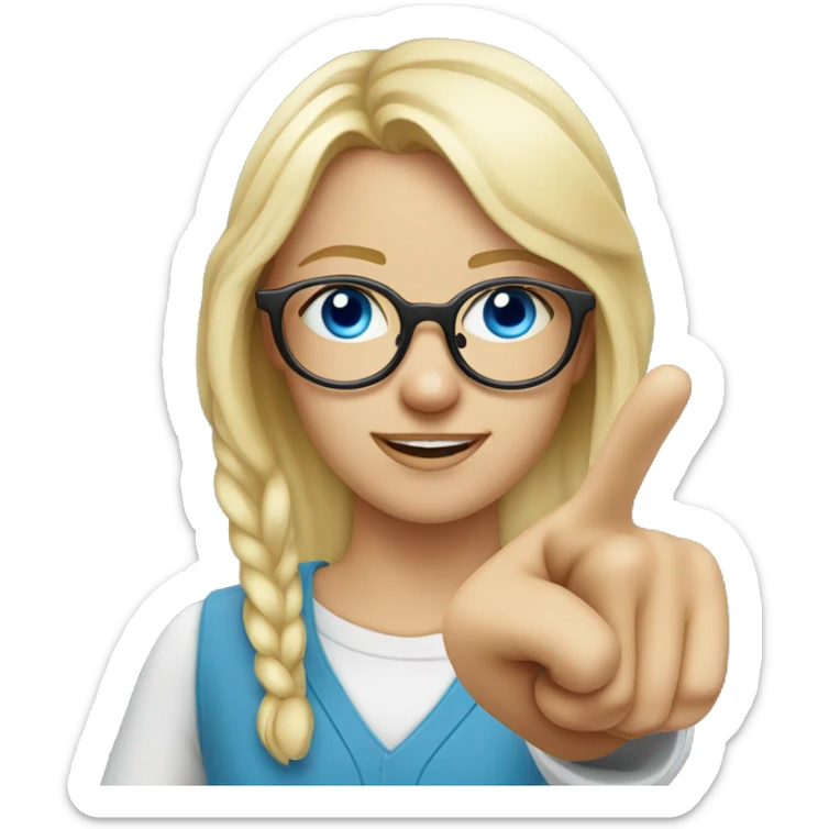 Blonde girl with blue eyes with glasses nerd pointing finger to the sky sticker