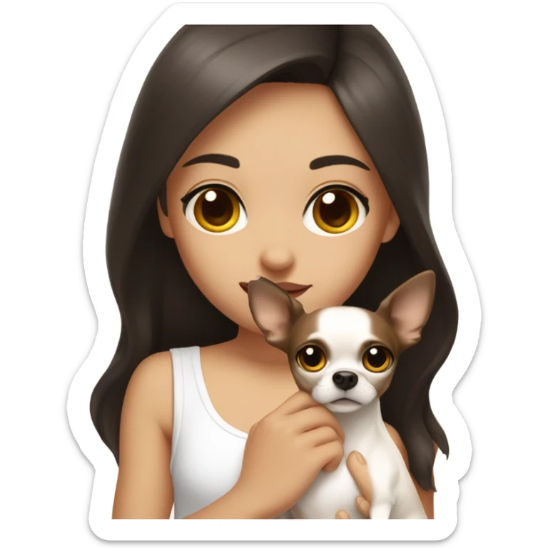 A girl with long very dark brown hair, big brown eyes, very big lips wearing a white singlet top, she is holding a small very  chihuahua that is only one colour light yellow sticker