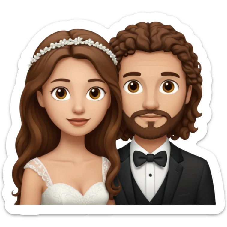 wedding couple woman with long straight brown hair and eyes man with long brown curly hair and facial hair sticker