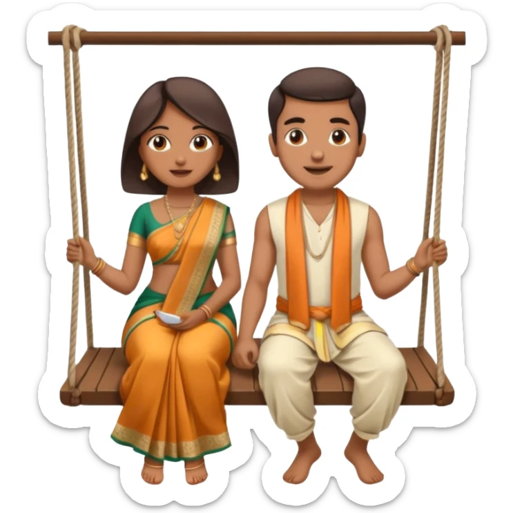 indian man and woman sitting on two seater swing. woman in saree and man in dhoti sticker