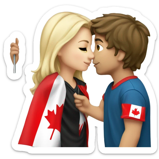 blonde girl kissing brunette boy holding canadian flag sticker