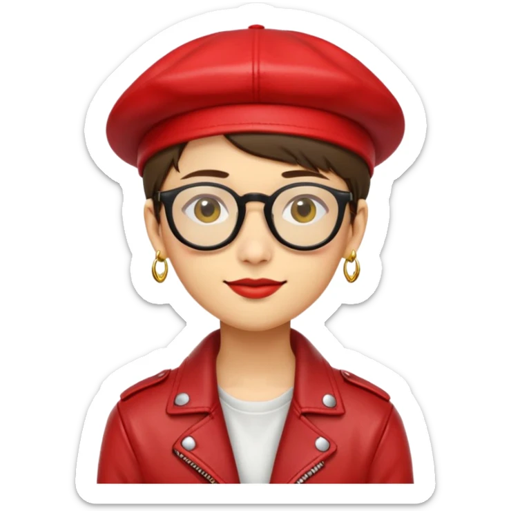 nam 20 tuổi, da vàng, tóc ngắn màu nâu, đội mũ màu đỏ, đeo kính màu đen, đeo khuyên tai màu vàng khoác áo da màu đỏ, nụ cười nhếch mép sticker