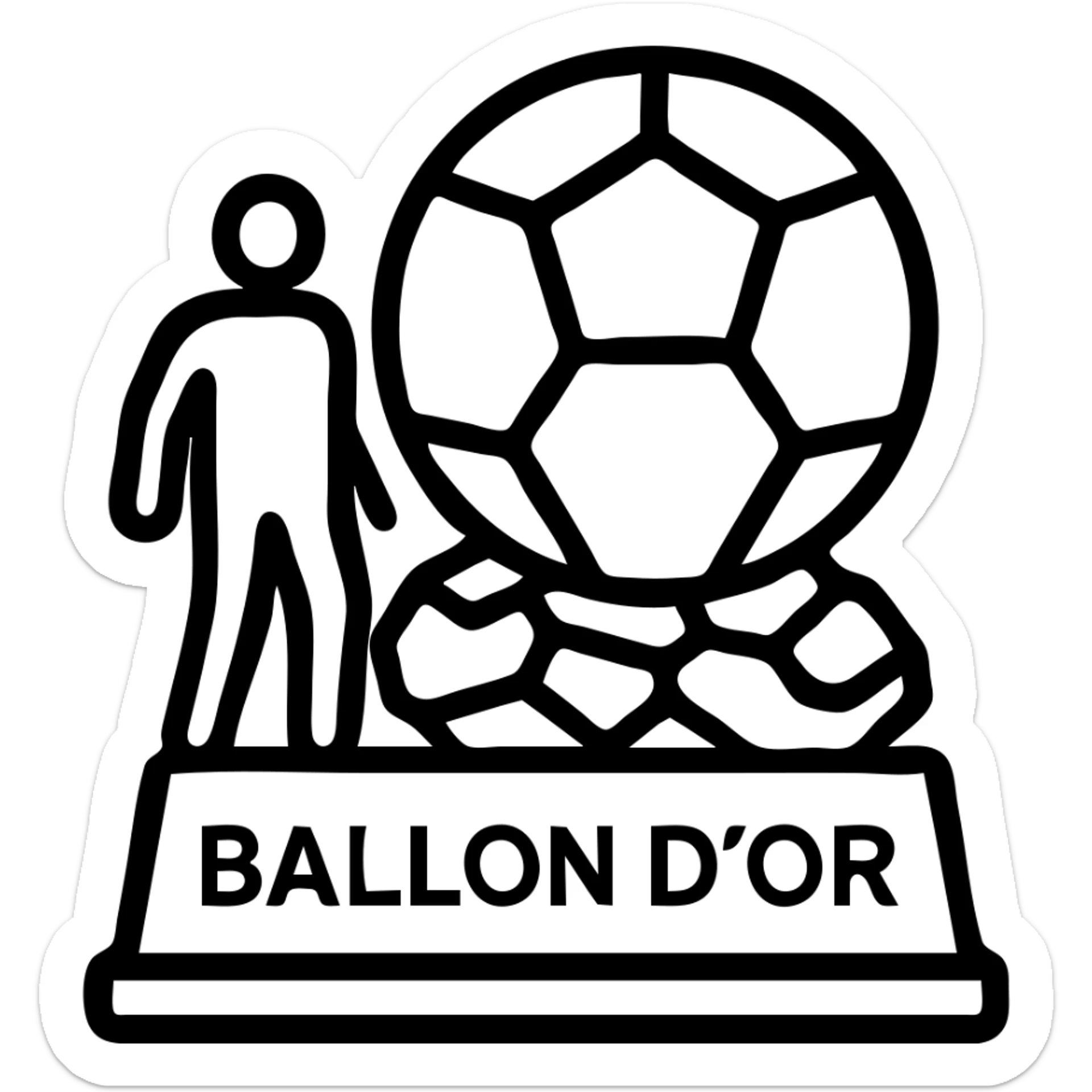 Add a footballer silhouette to the Ballon d'Or trophy, keeping an outlined icon style with gold accents, clean design, and no background. sticker