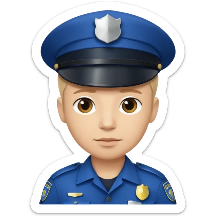 This is a cartoon-style avatar of a police officer with light skin, wearing a dark blue cap featuring a silver badge, and showing a neutral expression. sticker