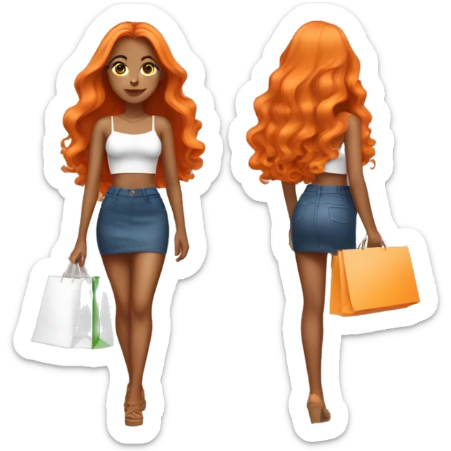 Tan girl with long orange hair wearing a mini skirt and crop top outfit holding shopping bags sticker