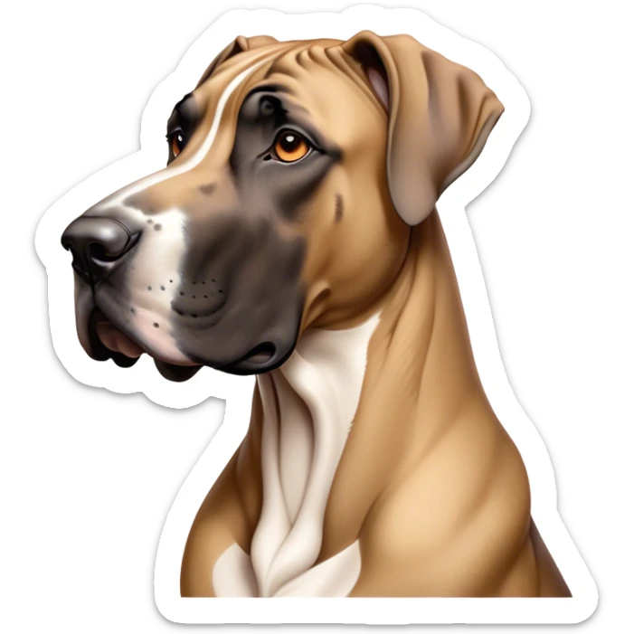 Cinematic Noble Fawn Great Dane Portrait Emoji, Poised and regal, with a towering, muscular build and a sleek, well-groomed solid fawn Fur accented by subtle dark markings, deep-set soulful amber eyes, Simplified yet sharp and sophisticated features, highly detailed, glowing with a soft, dignified glow, high shine, intelligent and gentle, stylized with an air of majesty, focused and attentive, soft glowing outline, capturing the essence of a watchful and confident guardian, so majestic it feels as though it could stride out of the screen with effortless authority! sticker